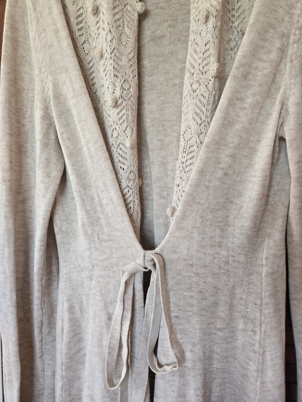 Knitted & Knotted For Anthropologie Open Crochet Cardigan Selt Tie Otmeal XL - Picture 4 of 13